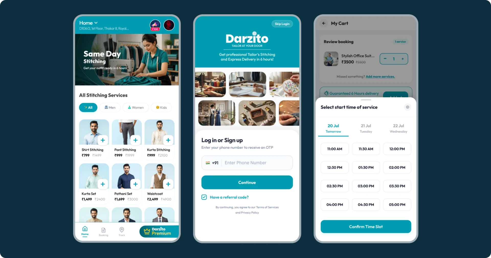 Darzito mobile app screens: home services, login and booking time slots