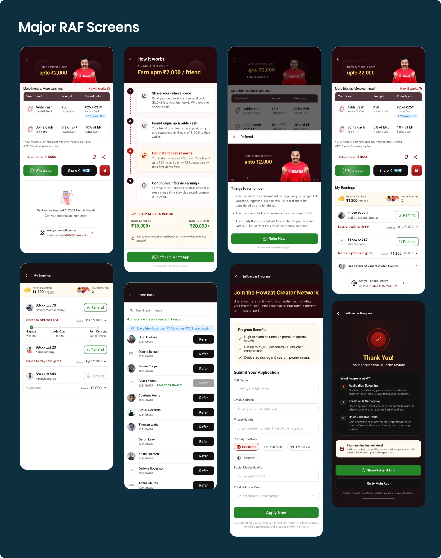 Phase 1 Refer a Friend screens: rewards, how it works, referral dashboard and influencer program