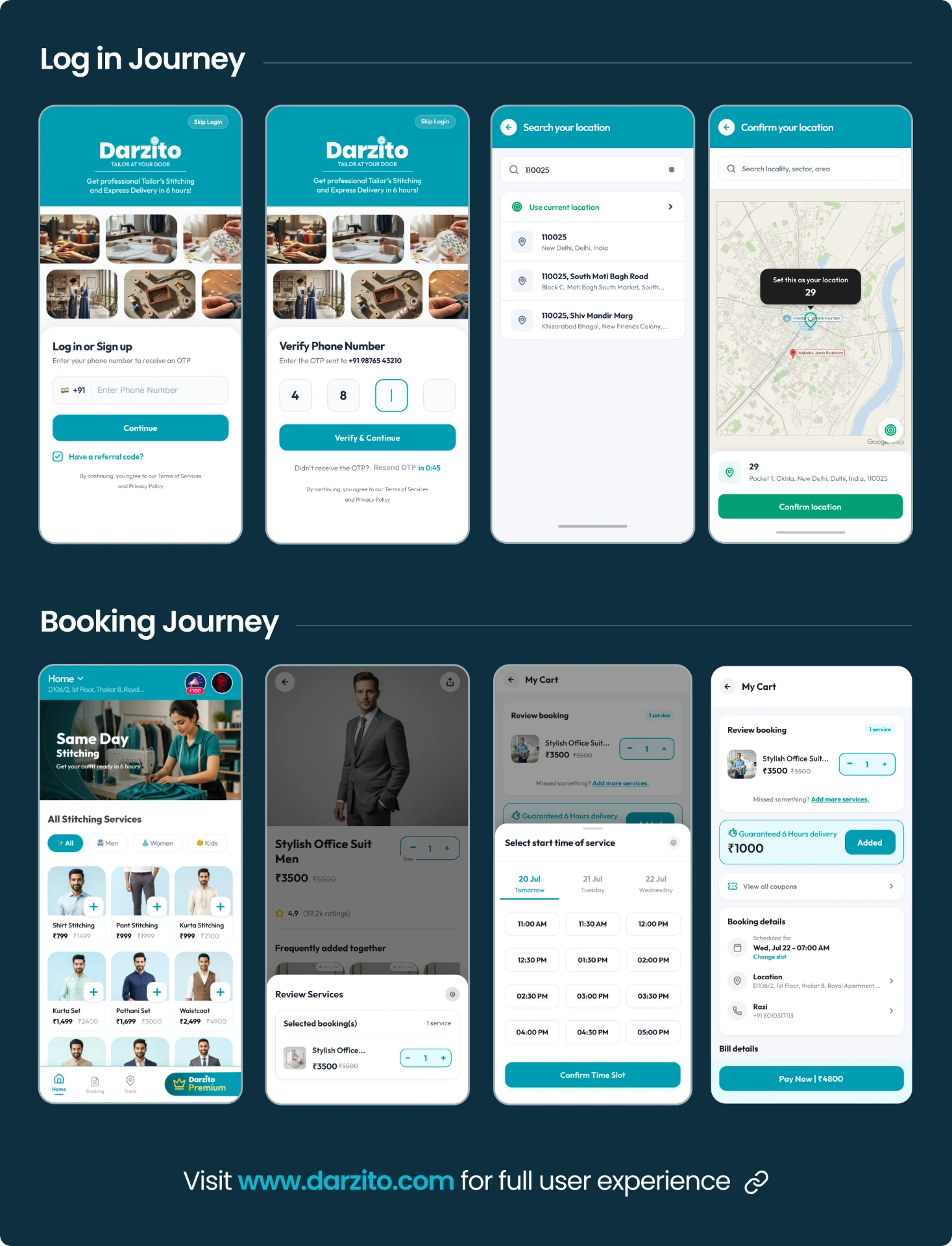 Darzito log in journey and booking journey screens