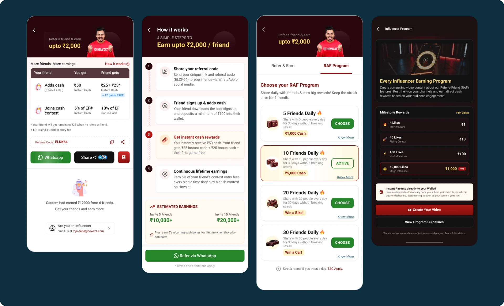 Refer a Friend product screens shown on three mobile devices