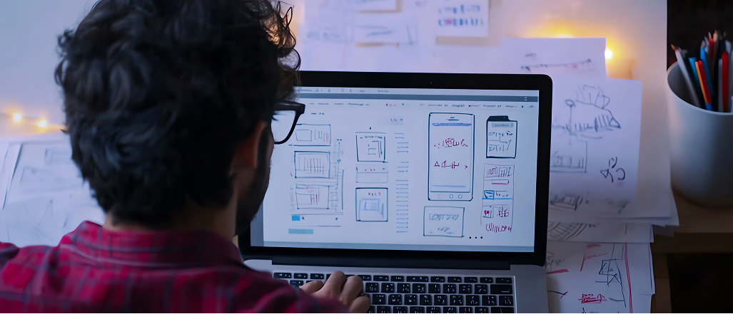 Designer building wireframe components on a laptop